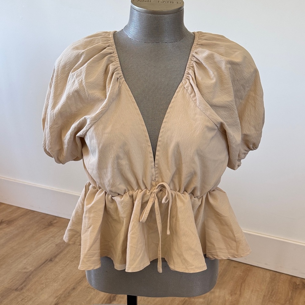 Mido Beige Puff Sleeve Peplum Blouse